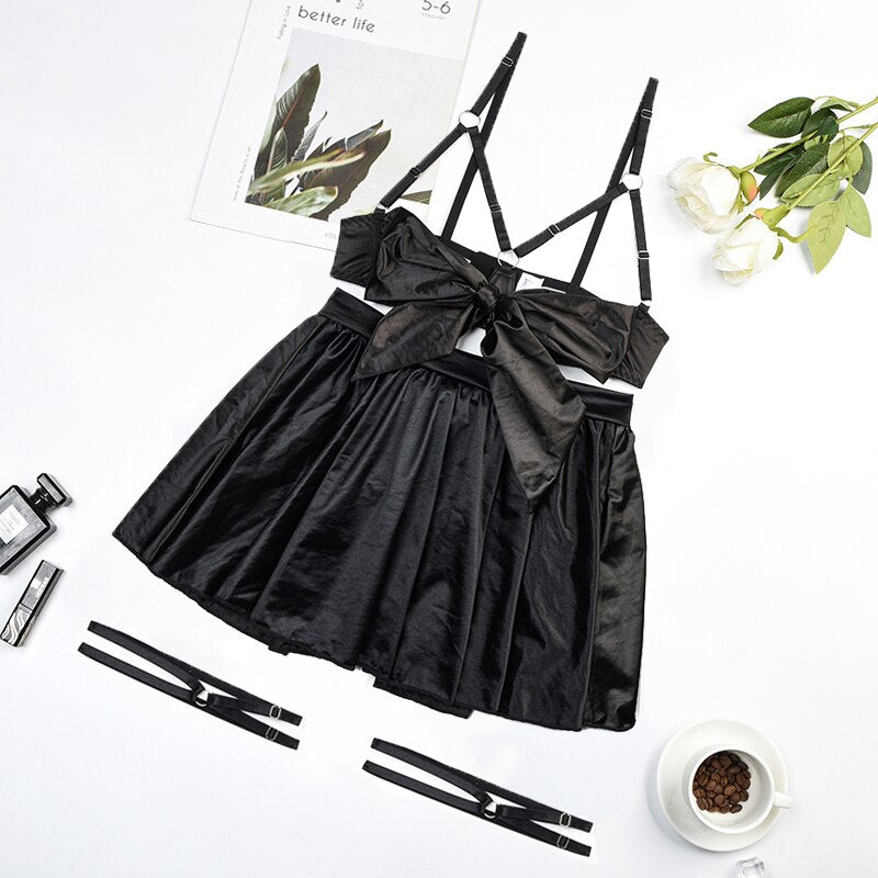 Ellolace Fancy Satin Lingerie Outfit Open Bra Bowknot Set Woman 5 Pieces Garter Dress Intimate Sexy Fine Exotic Sets