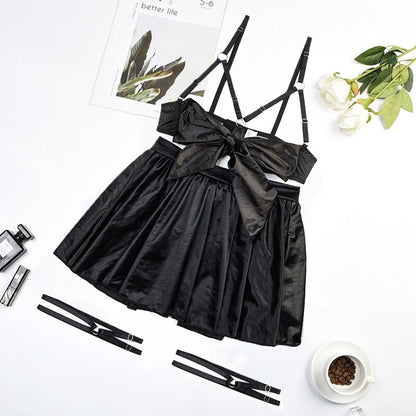 Ellolace Fancy Satin Lingerie Outfit Open Bra Bowknot Set Woman 5 Pieces Garter Dress Intimate Sexy Fine Exotic Sets