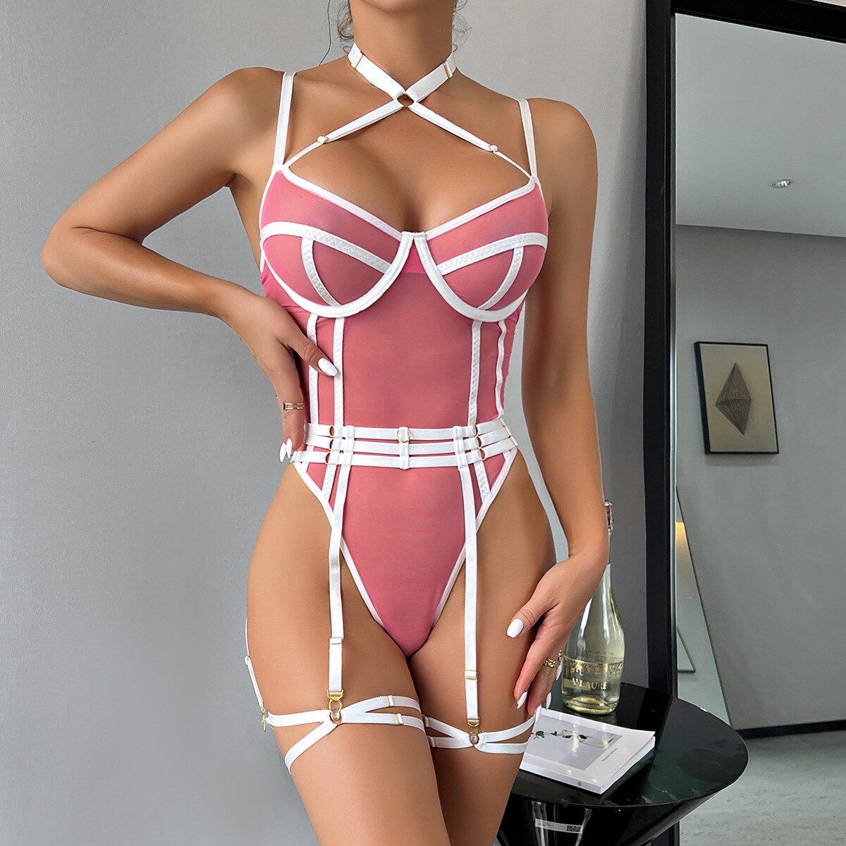 Ellolace Lace Bodysuit Contrast Color See Through Halter Body Seamless Open Crotch Teddy One Piece Bodysuits Sexy Fine Tops