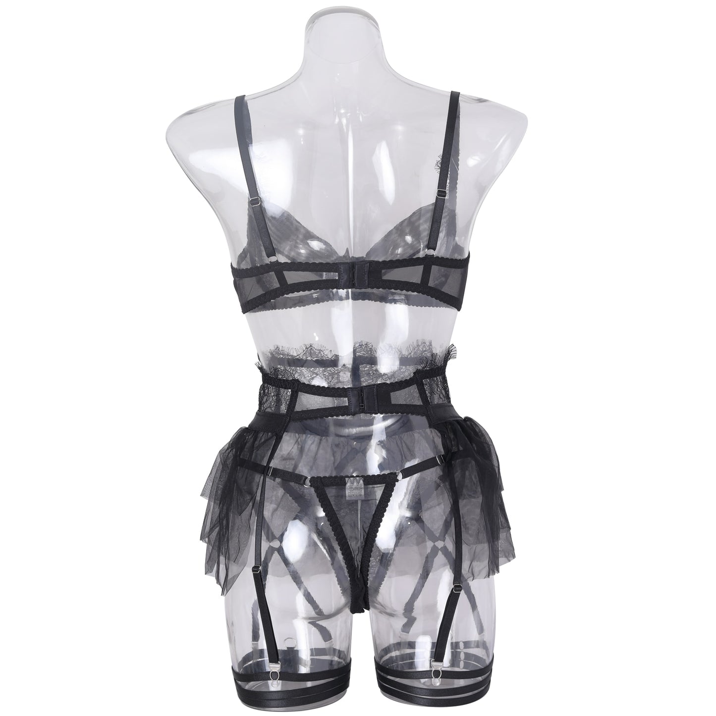 Ellolace Delicate Ruffled Lingerie Transparent Bra Garter Brief Set 4-Piece Sensual Tulle Underwear Uncensored Sissy Exotic Sets