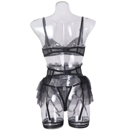 Ellolace Delicate Ruffled Lingerie Transparent Bra Garter Brief Set 4-Piece Sensual Tulle Underwear Uncensored Sissy Exotic Sets