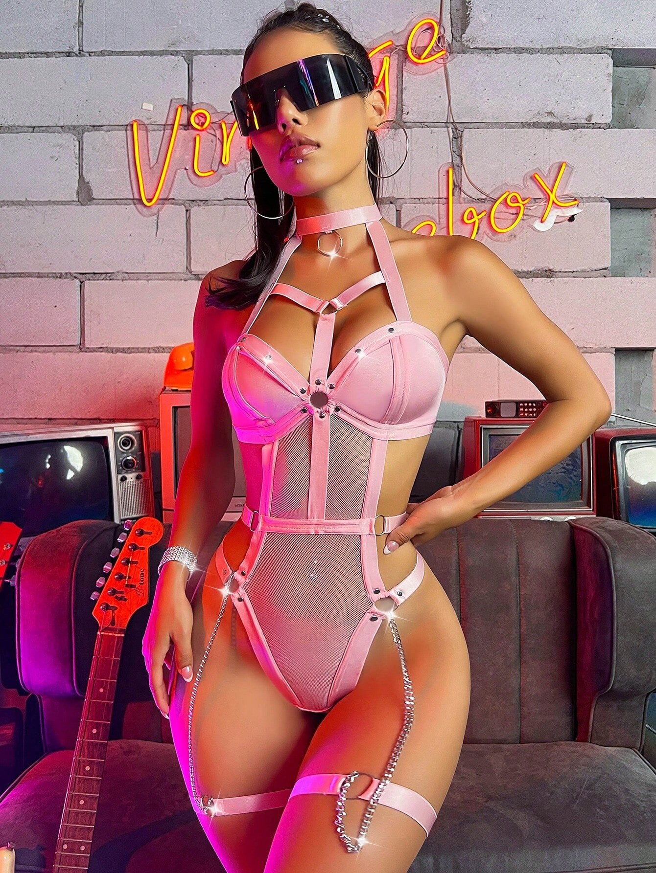 Ellolace Festival Bodysuit Halter Backless Tops Sexy One Piece Night Club Outfit Sensual Lace Fitness Tights