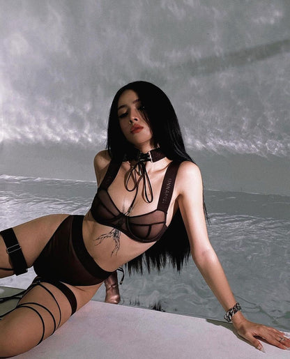 Ellolace Sensual Bandage Stocking Transparent Bra Set 4-Piece Seamless Underwear Tulle Sissy Intimate See Through Sexy Outfit