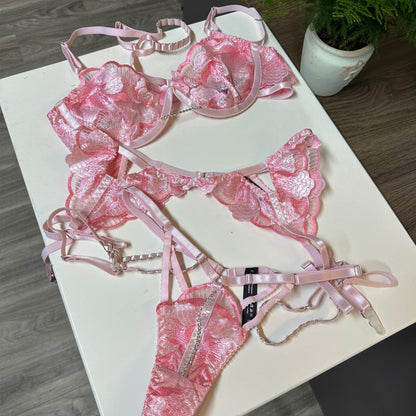 Ellolace Floral Erotic Lingerie Sets Fancy Embroidery Underwear 5-Piece Luxury Push Up Bra And Panty Set See Through Sexy Outfit