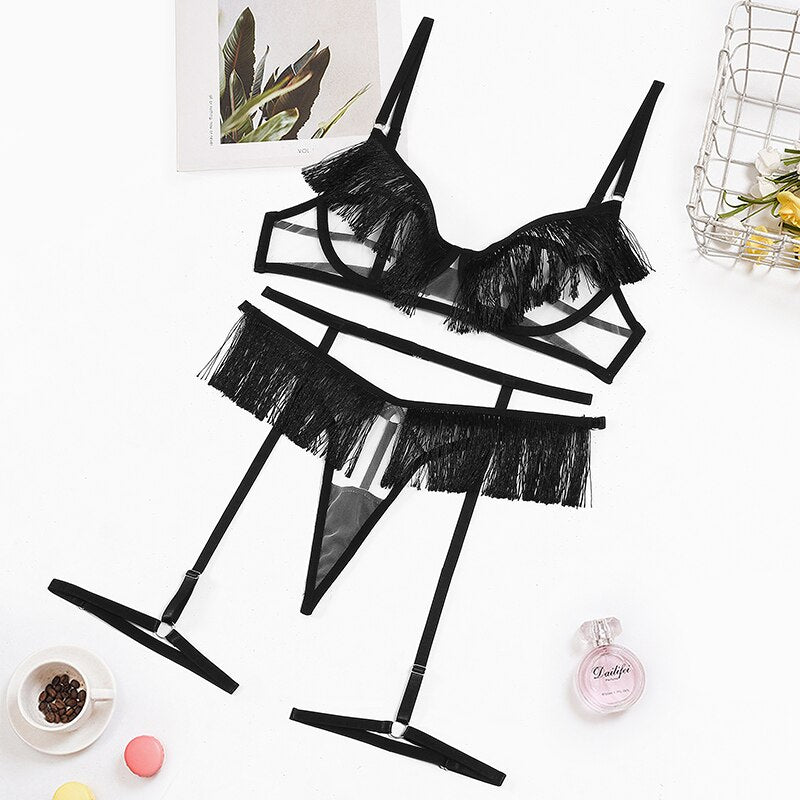 Ellolace Sensual Tassels Lingerie Transparent Lace Tulle Underwear Garter Erotic Thongs Sissy Intimate Valentine Sexy Outfit