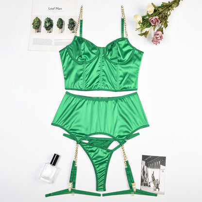 Ellolace Satin Lingerie Fine Underwear Irregular Thongs 3-Piece Green Erotic Garter Outfits Seamless Intimate Luxury Briefs Set