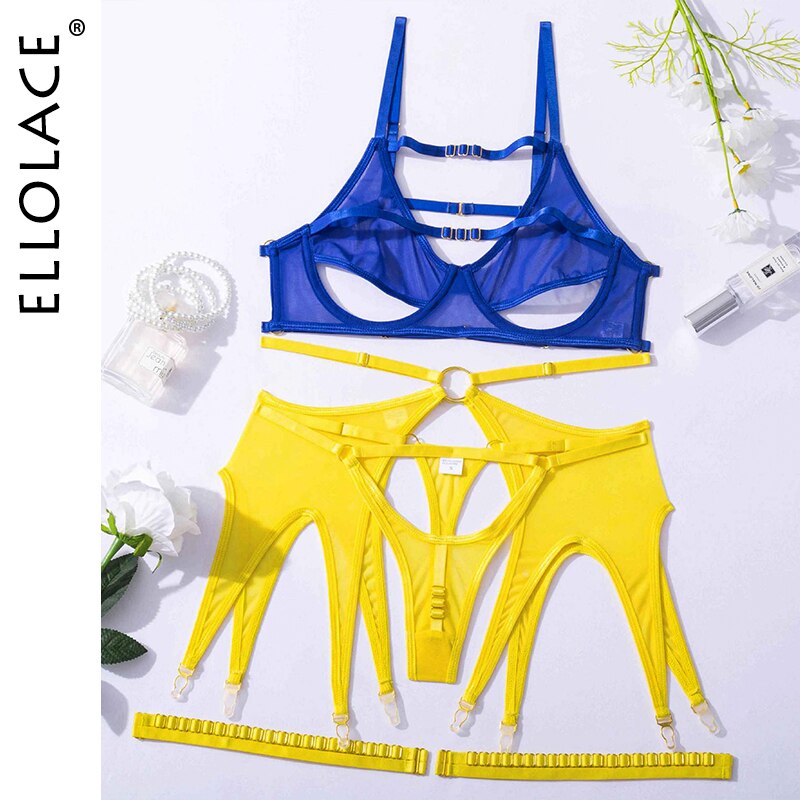 Ellolace Hollow Out Female Lingerie Naked Women Without Censorship Erotic 5-Piece See Through Lace Sexy Porn Suits Garter Outfit