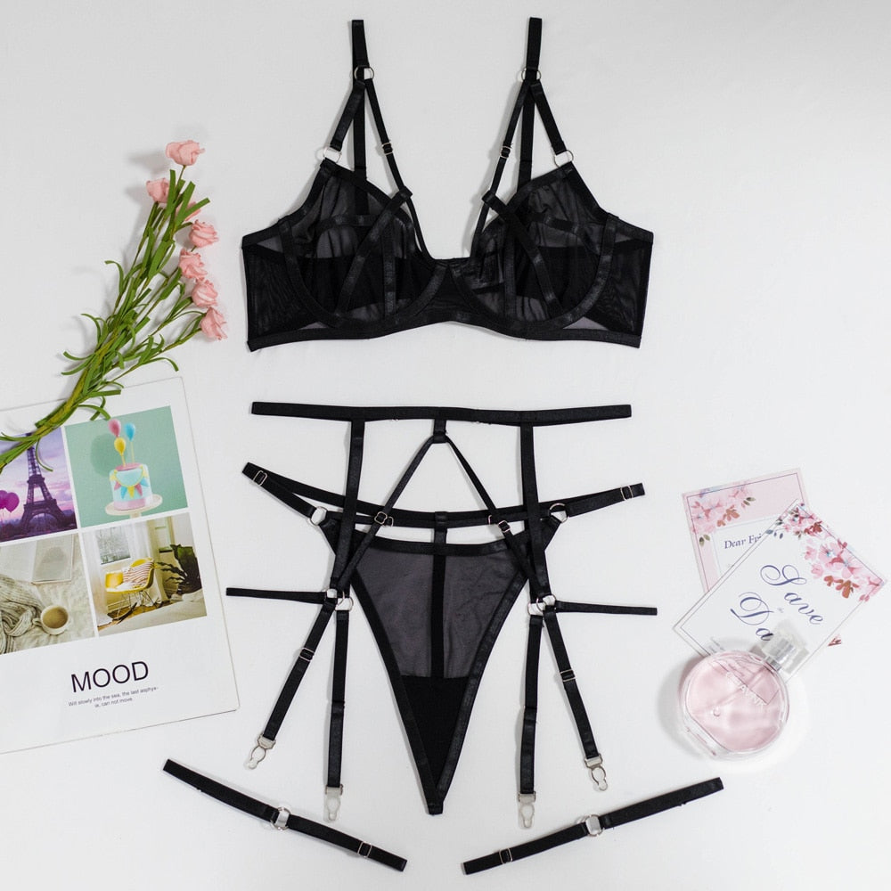 Ellolace Erotic Lingerie For Full Sheer Lace Transparent Bra Setup Ladies See Through Intimate Garters Thongs Seamless Outfits