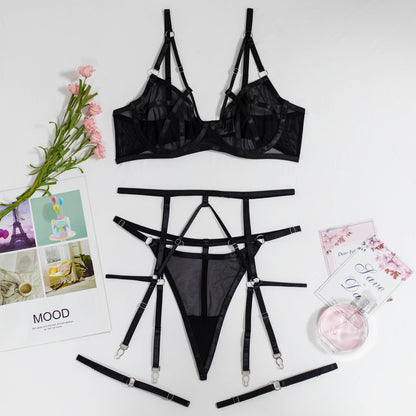 Ellolace Erotic Lingerie For Full Sheer Lace Transparent Bra Setup Ladies See Through Intimate Garters Thongs Seamless Outfits