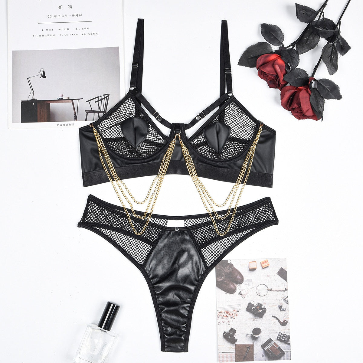 Ellolace Fishnet Lingerie Sensual Transparent Bra With Chain Sissy Bilizna Set Naked See through Leather Exotic Underwear