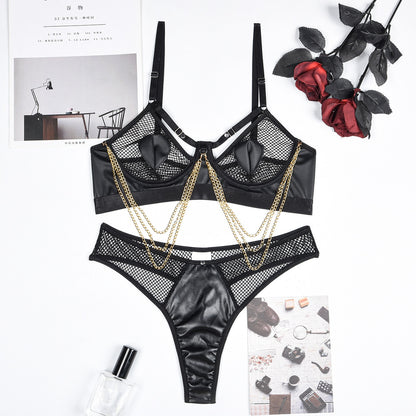 Ellolace Fishnet Lingerie Sensual Transparent Bra With Chain Sissy Bilizna Set Naked See through Leather Exotic Underwear