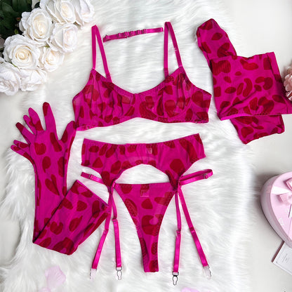 Ellolace Leopard Lingerie With Stocking Gloves Fancy Seamless Underwear 6-Piece Garter Belt Set Intim Goods Lace Exotic Sets