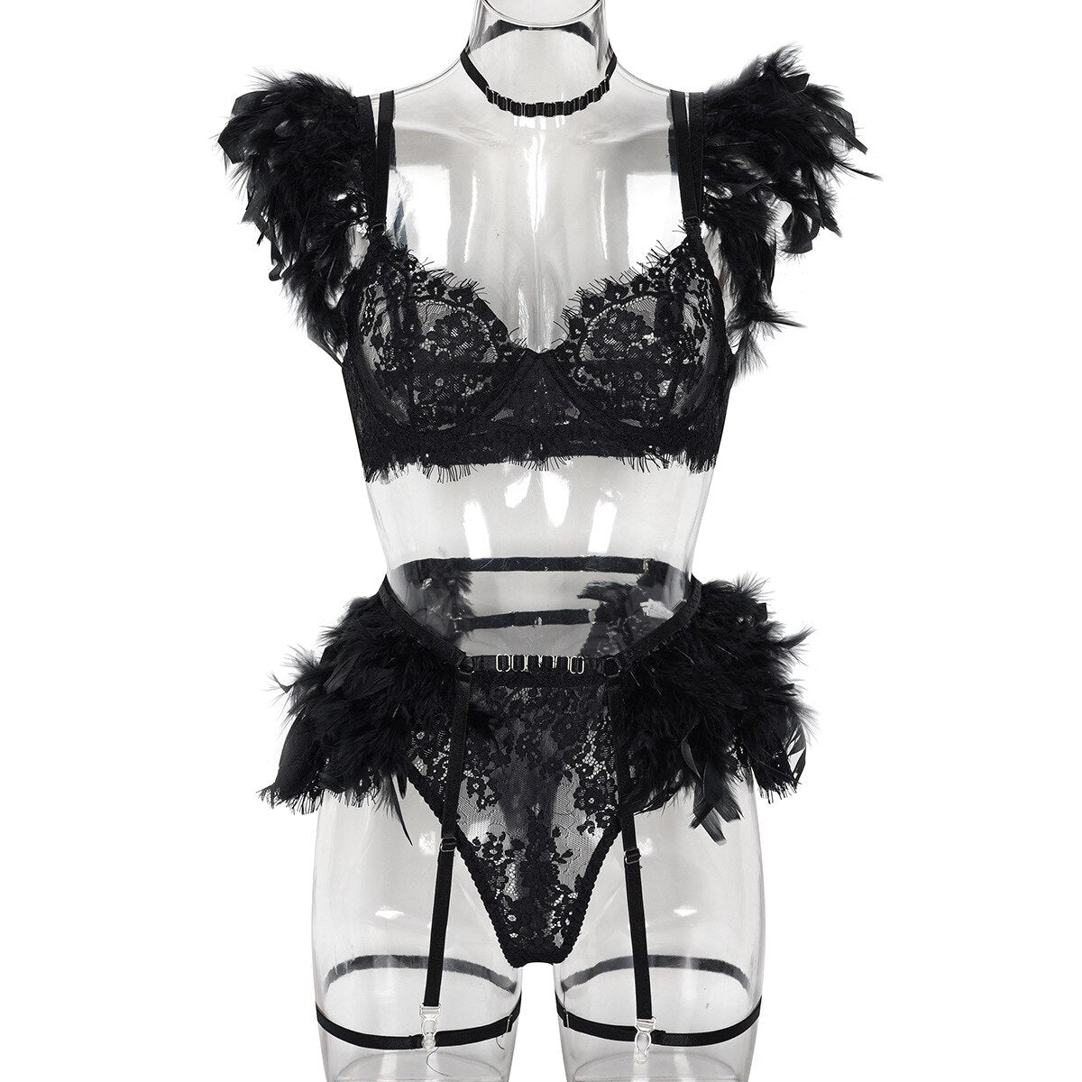 Ellolace Feather Lingerie Lace Luxury Underwear 5-Piece See Through Sissy Seamless Intimate Push Up Sensual Bra And Panty Sets