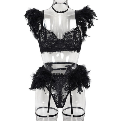 Ellolace Feather Lingerie Lace Luxury Underwear 5-Piece See Through Sissy Seamless Intimate Push Up Sensual Bra And Panty Sets