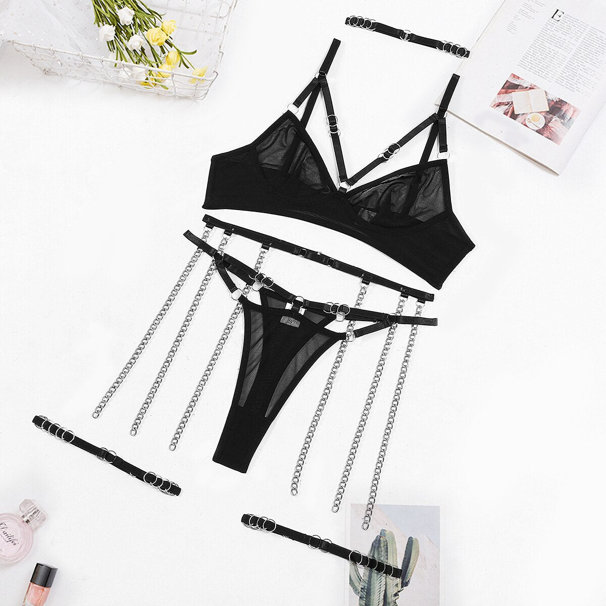 Ellolace Tassels Lingerie Transparent Lace Seamless Underwear Bra Kit Push Up Garter Belt See Through Intimate Erotic Sets
