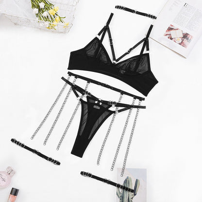 Ellolace Tassels Lingerie Transparent Lace Seamless Underwear Bra Kit Push Up Garter Belt See Through Intimate Erotic Sets