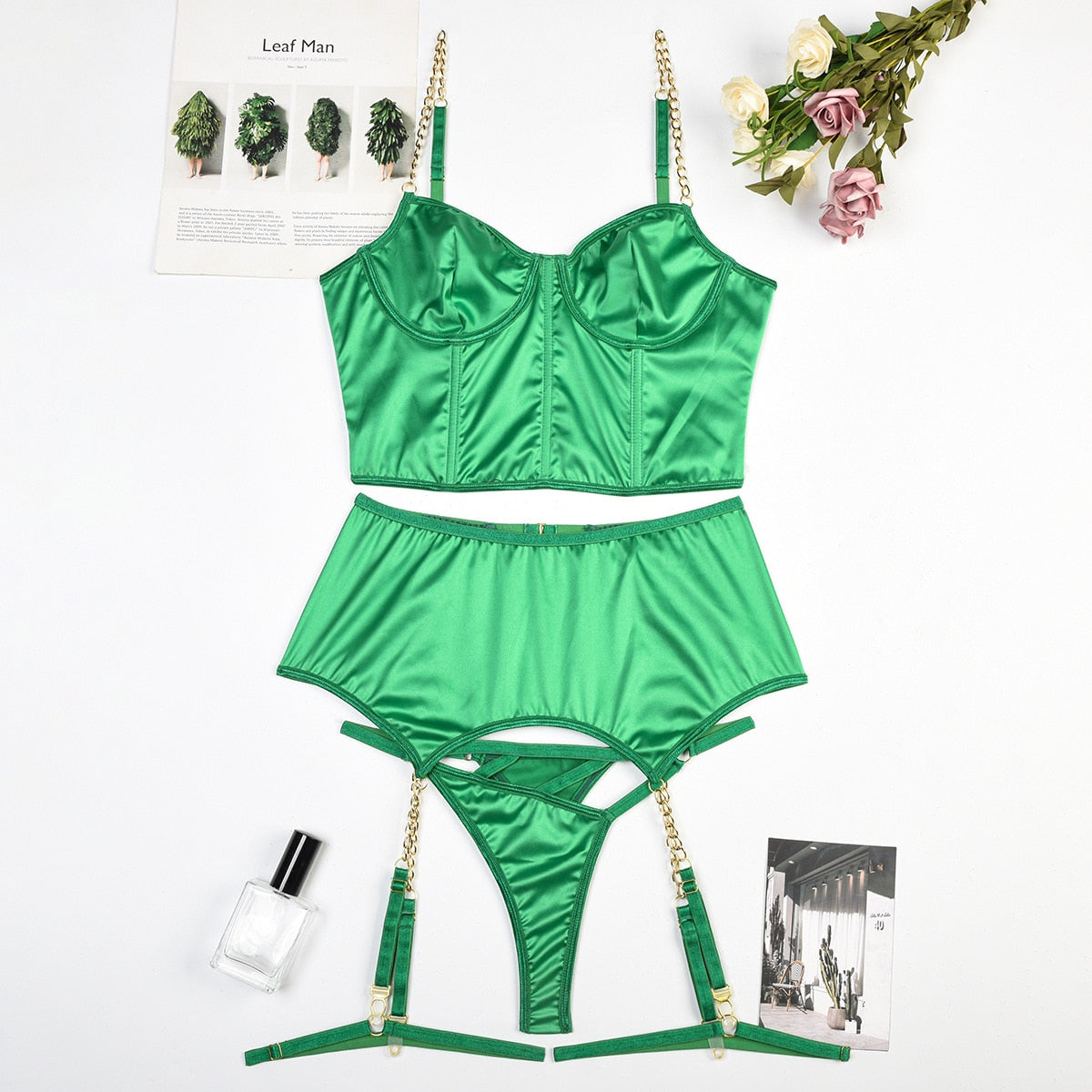 Ellolace Satin Lingerie Fine Underwear Irregular Thongs 3-Piece Green Erotic Garter Outfits Seamless Intimate Luxury Briefs Set