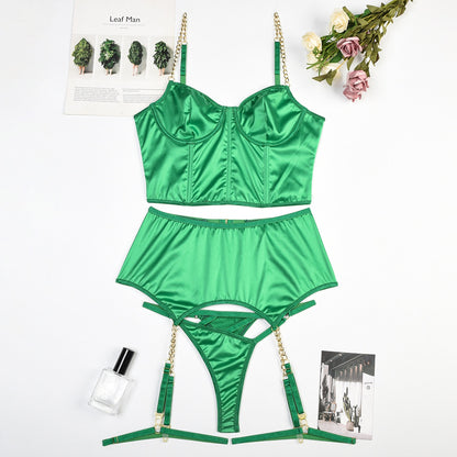 Ellolace Satin Lingerie Fine Underwear Irregular Thongs 3-Piece Green Erotic Garter Outfits Seamless Intimate Luxury Briefs Set