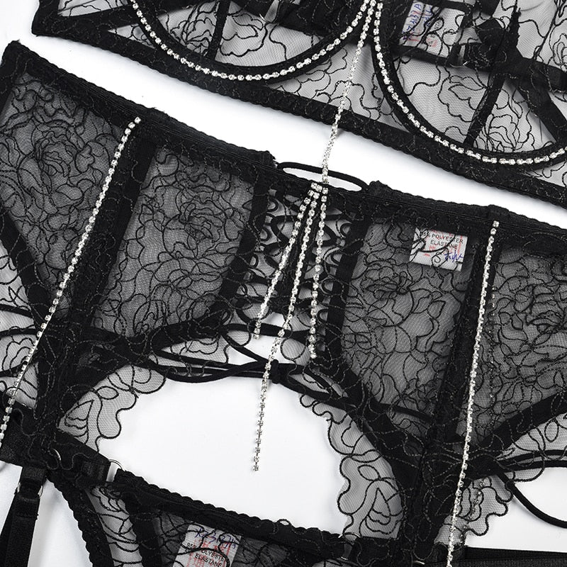 Ellolace Rhinestone Fancy Lingerie Delicate Lace Up Garter Intimate Kits Floral Transparent Bra Sensual Luxury Exotic Sets