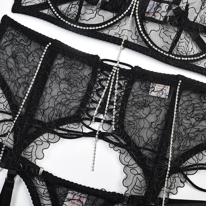 Ellolace Rhinestone Fancy Lingerie Delicate Lace Up Garter Intimate Kits Floral Transparent Bra Sensual Luxury Exotic Sets