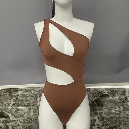 Ellolace One Shoulder Bodysuit Irregularity Midriff Tops Fine Festival Tight Fitting Woman One Piece Seamless Cut Out Body