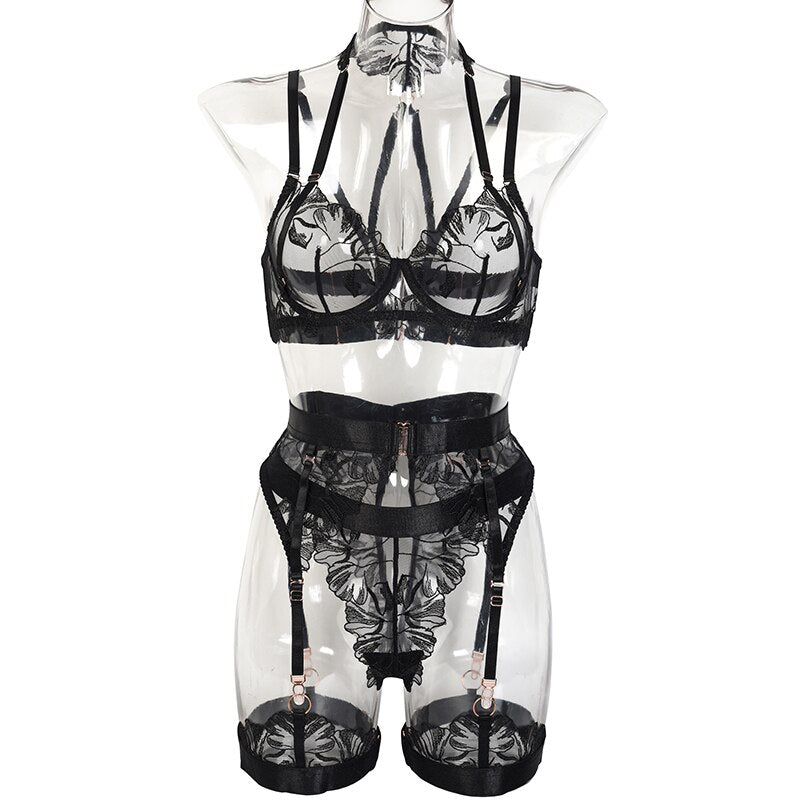 Ellolace Fancy Lingerie See Through Lace Sexy Bilizna Set Tulle Underwear Crotchless 4-Piece Sensual Sissy Bra And Panty Set