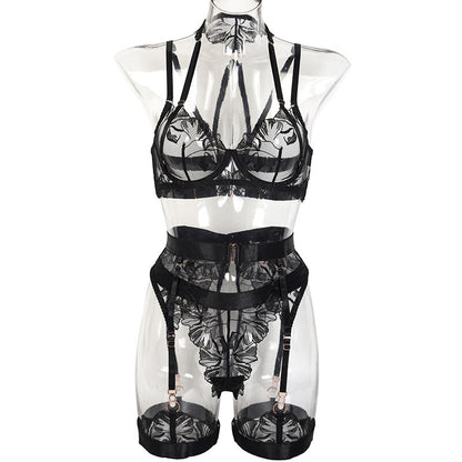 Ellolace Fancy Lingerie See Through Lace Sexy Bilizna Set Tulle Underwear Crotchless 4-Piece Sensual Sissy Bra And Panty Set