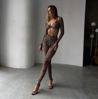 Ellolace Zebra Erotic Lingerie For Full Crop Top Tight Outfit Transparent Sheer Lace Seamless Intimate G-String Briefs Sets