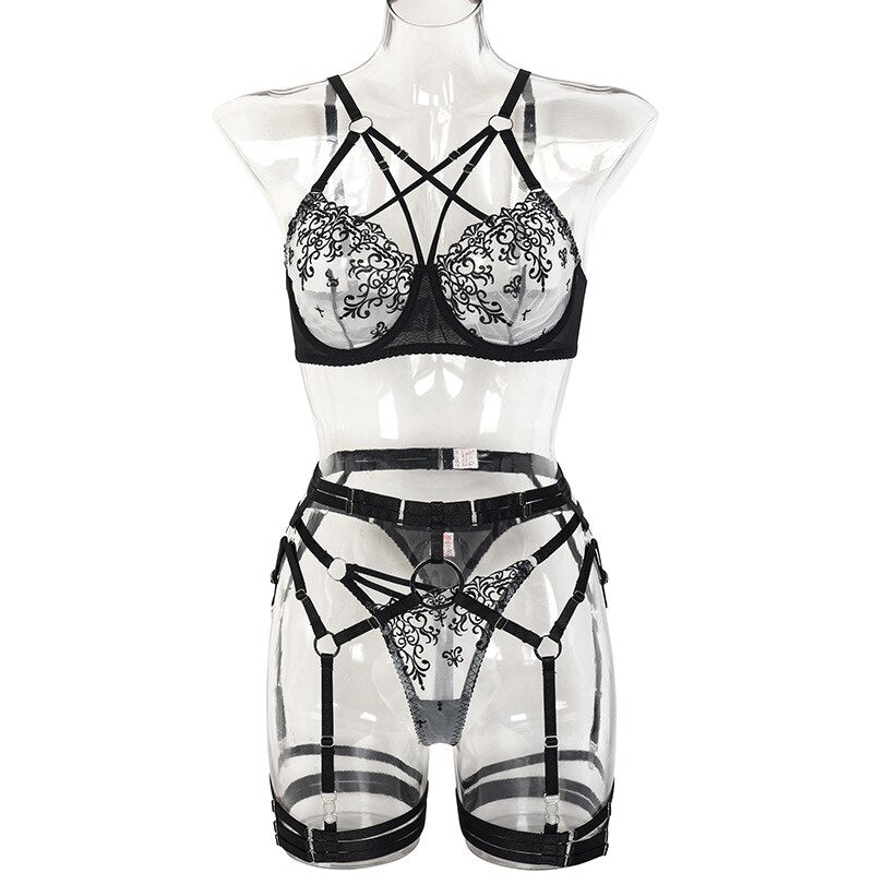 Ellolace Fancy Lingerie Cross Bra Floral Transparent Lace Underwear 4-Piece Sensual Fairy Intimate Uncensored Sexy Exotic Sets