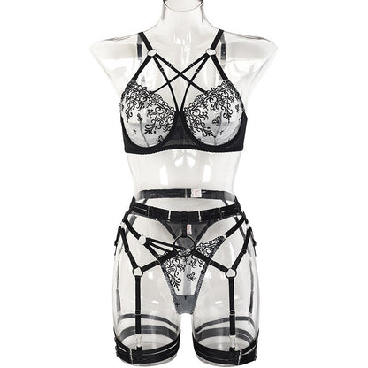 Ellolace Fancy Lingerie Cross Bra Floral Transparent Lace Underwear 4-Piece Sensual Fairy Intimate Uncensored Sexy Exotic Sets