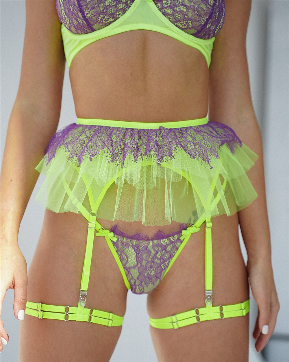 Ellolace Ruffle Lace Lingerie Sexy Patchwork Underwear Uncensored Bra And Panty Set Fairy Intimate Neon Garter Erotic Outfit