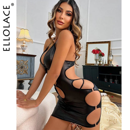 Ellolace Sexy Cut-Out Sheath Dress Silk Deep-V Neck Miniskirt Solid Sleevele Backless Spaghetti Strap Nightclub Vestidos