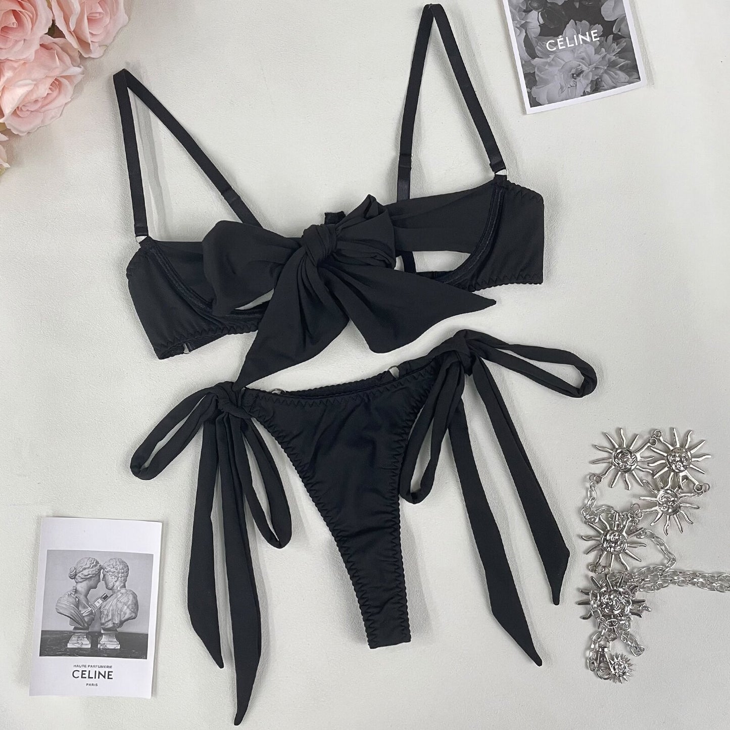 Ellolace Bowknot Lingerie Set Women 2 Piece Sissy Open Bra Brief Sets Sexy Intimate Black Sensual Outfits Fine Intimate