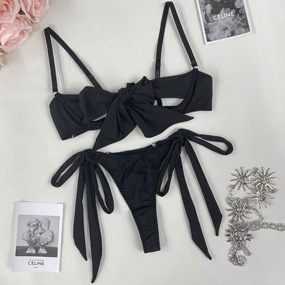 Ellolace Bowknot Lingerie Set Women 2 Piece Sissy Open Bra Brief Sets Sexy Intimate Black Sensual Outfits Fine Intimate