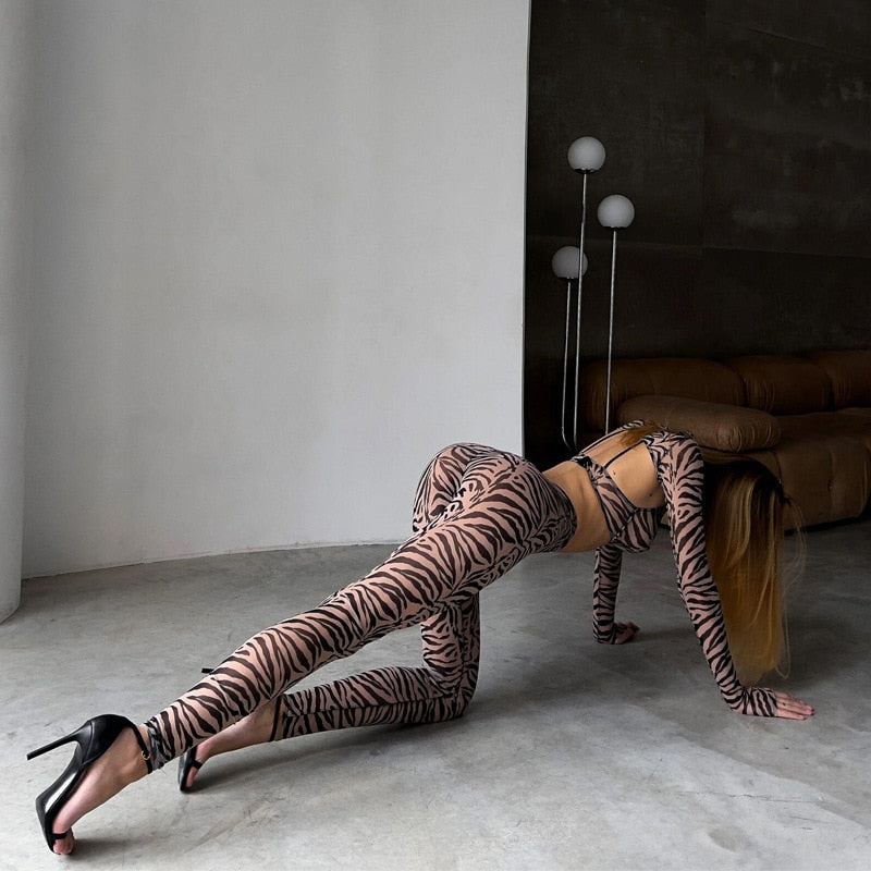 Ellolace Zebra Erotic Lingerie For Full Crop Top Tight Outfit Transparent Sheer Lace Seamless Intimate G-String Briefs Sets