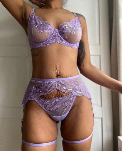 Ellolace Fancy Lingerie Transparent Lace Underwear 4-Piece Floral Sheer Intimate Lavender Delicate Sexy Erotic Outfit