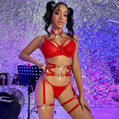 Ellolace Erotic Lingerie For Full Cross Ring Sensual Garter Belt Set Luxury Transparent Intimate Bilizna Set Thongs Nightclub