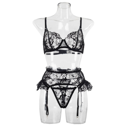 Ellolace Fancy Lace Lingerie Ruffle Garter Belt Underwear Transparent Bra And Panty Set Seamless Intimate Sensual Exotic Sets