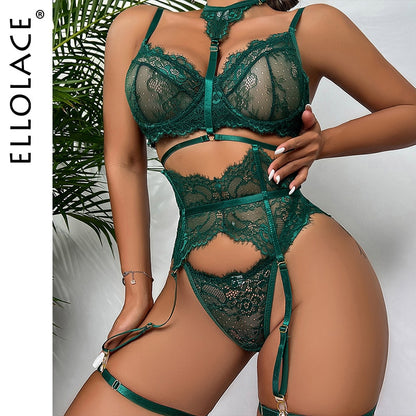 Ellolace Underwear Sexy Lingerie 3-Pieces Transparent Bra Lace Suit Sexy Garter Belt With Stockings Woman Erotic Intimate