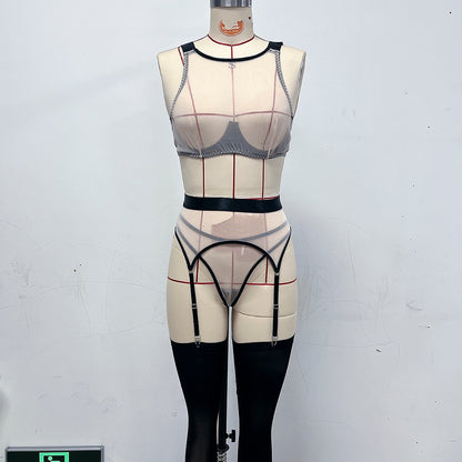 Ellolace Sensual Transparent Lingerie Set With Stocking Tulle Lace Underwear Uncensored Sissy Intim Goods Sheer Nude Sexy Outfit