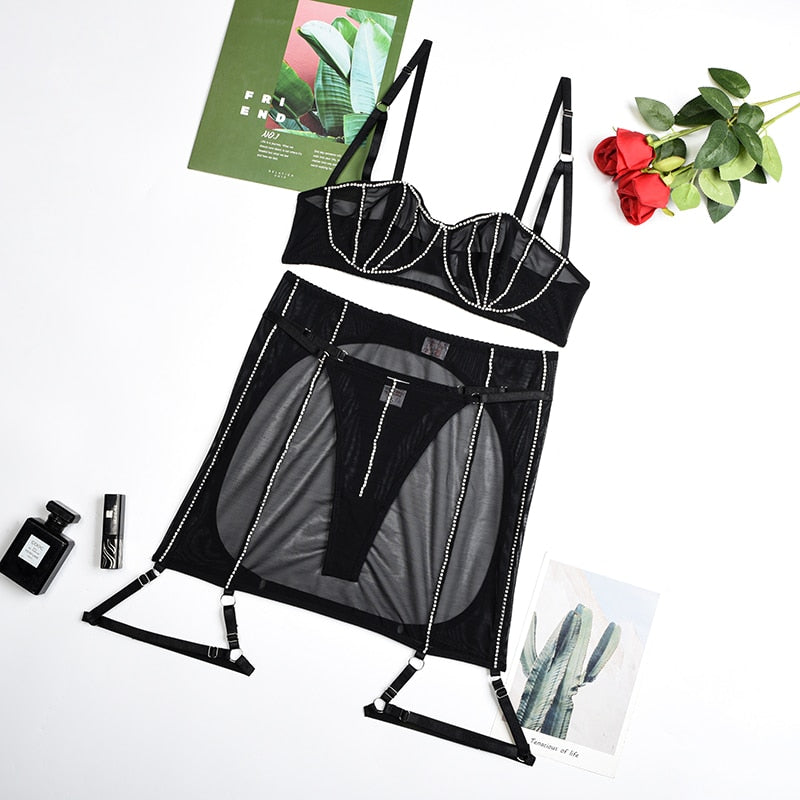 Ellolace Rhinestone Lingerie Luxury Fancy Underwear Bra Kit Push Up Erotic Brief Sets With Showing Buttocks Skirt Sensual Outfit