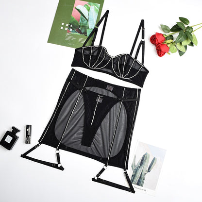Ellolace Rhinestone Lingerie Luxury Fancy Underwear Bra Kit Push Up Erotic Brief Sets With Showing Buttocks Skirt Sensual Outfit
