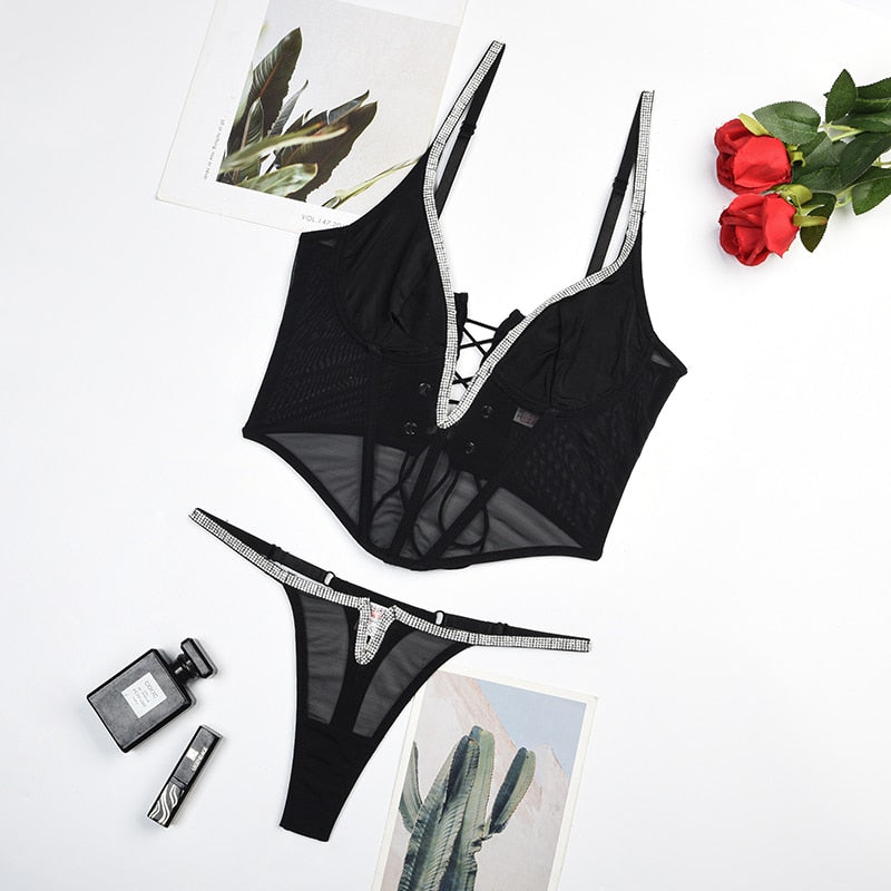 Ellolace Rhinestone Lingerie Deep-V Sissy Delicate Underwear Luxury Push Up Set Women 2 Piece Back Strap Sexy Outfits Intimate