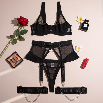Ellolace Sensual Lingerie Sissy Transparent Bra Fine Underwear 4-Piece Luxury Garter Sheer Lace Outfit Seamless Intimate