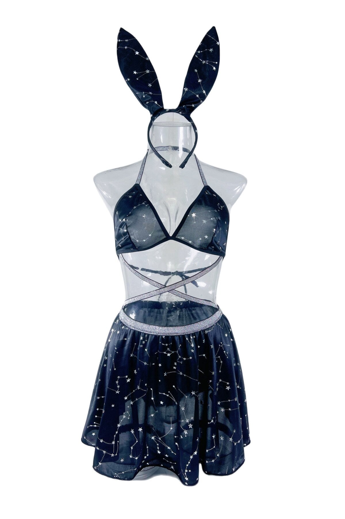 Ellolace Bunny Lingerie Fantasy Starry Sky Ruffled Skirts Lace Up Black Intimate Goods Sensual Fairy Sexy Intimate 3-Piece