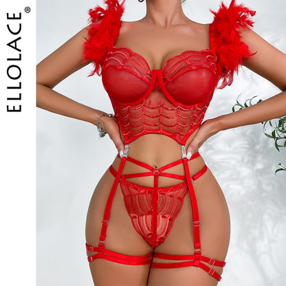 Ellolace Feather Lingerie Sensual Transparent Bra Briefs Sets Hot Sexy Delicate Underwear Fancy Seamless Intimate Outfit