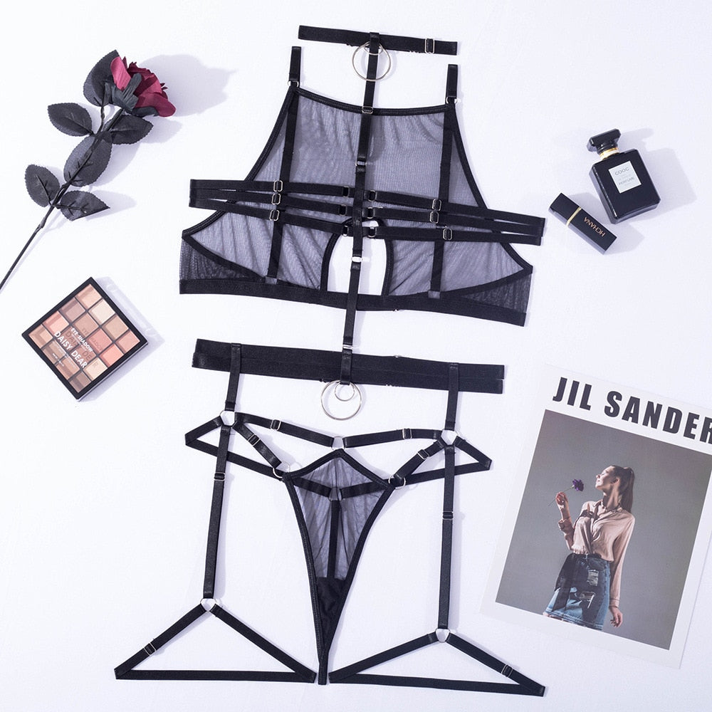 Ellolace Sensual Erotic Lingerie For Full Bandage Transparent Bra Thongs Seamless Sexy Bilizna Set Sheer Lace Fetish Outfits