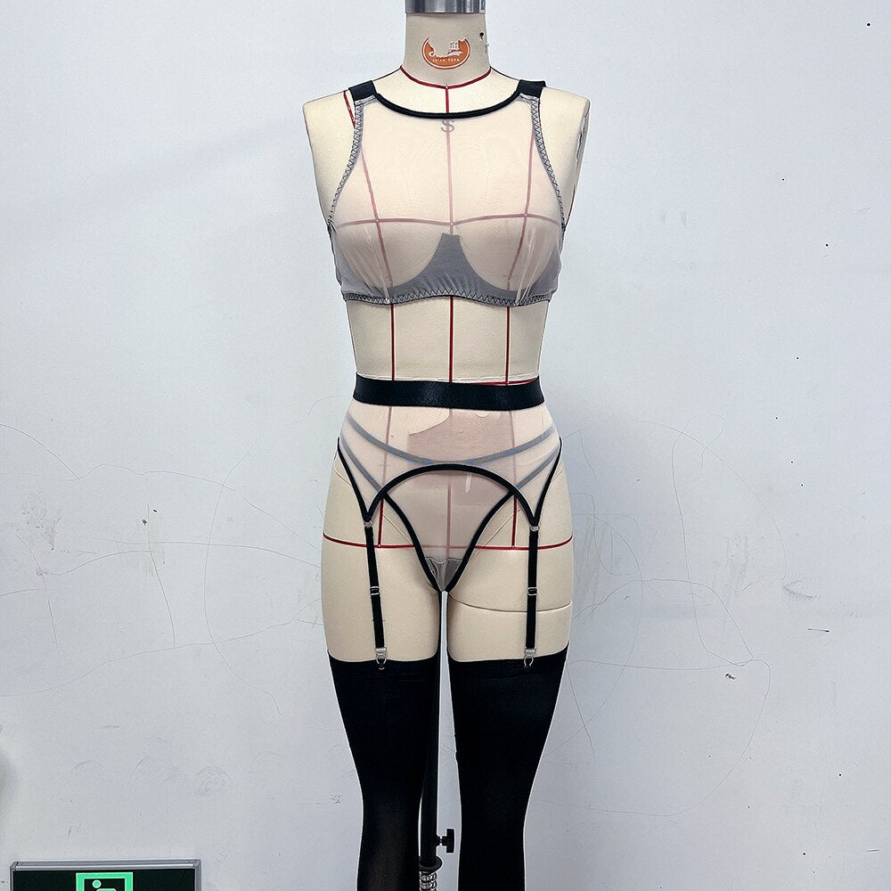 Ellolace Sensual Transparent Lingerie Set With Stocking Tulle Lace Underwear Uncensored Sissy Intim Goods Sheer Nude Sexy Outfit