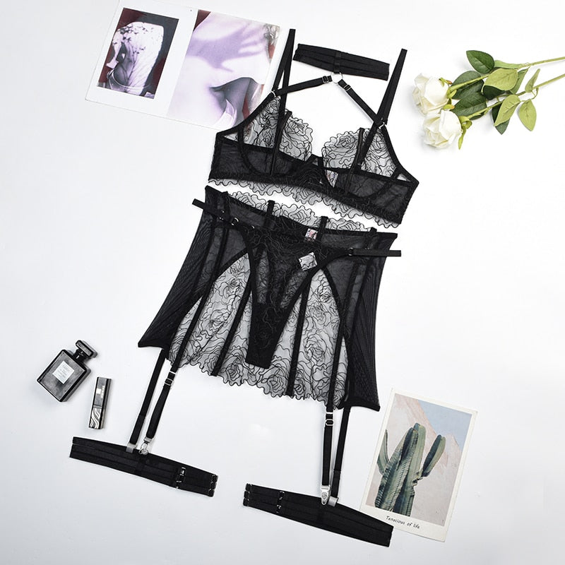 Ellolace Fancy Sensual Lingerie Sexy Halter Bra Transparent Lace Intimate Floral Garter Delicate Underwear Hot Sexy Outfit