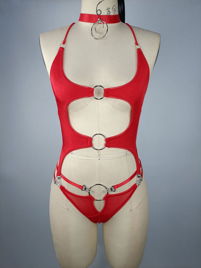 Ellolace Erotic Bodysuit Hollow Out Backless Tops Sissy Lace Up Body Hot Red Sexy Porn Tights Fancy Fantasia Costume